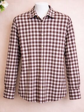 Blue Brand Men's Size XLT Brown & White Check 100% Cotton Button-Down Shirt
